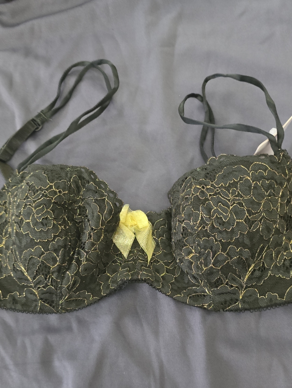 B Temp'd Black Lace Underwire Bra with Gold Threading and Yellow Bow
